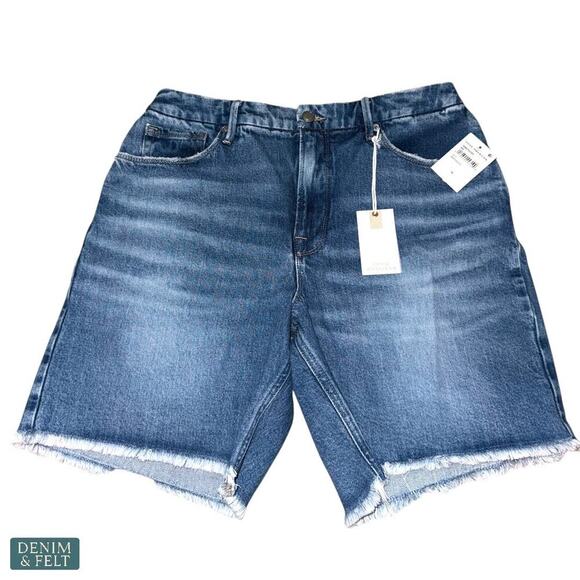 Good American Good ’90s Bermuda Denim Shorts Raw Hem Distressed Indigo Size 10 - Picture 3 of 12